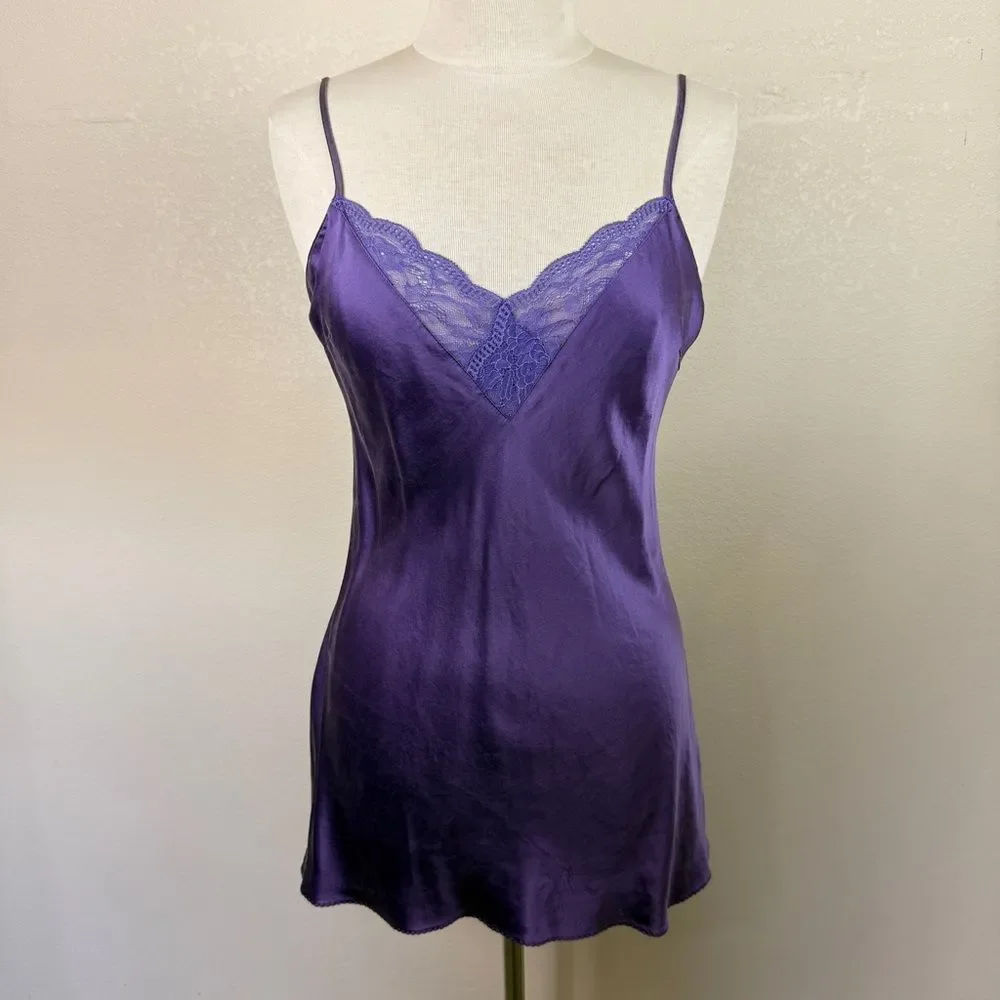 Victorias Secret Silk Purple Y2K Slip Dress Lace Mini - Picture 1 of 7
